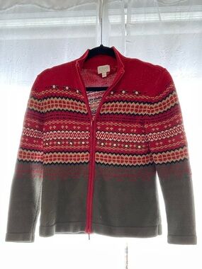 Red and Gray Cleo Zip Front Fair Isle Sweater